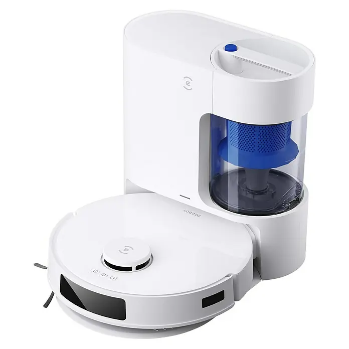 Ecovacs Saugwischroboter-Set Deebot N20 Plus White - Saugkraft: 8.000 Pa, Akkulaufzeit: 170 min - 300 min, Fassungsvermögen: 400 ml - Das Bild zeigt einen weißen DEEBOT Staubsaugerroboter mit Absaugstation. Eine moderne und praktische Lösung für die automatische Reinigung.