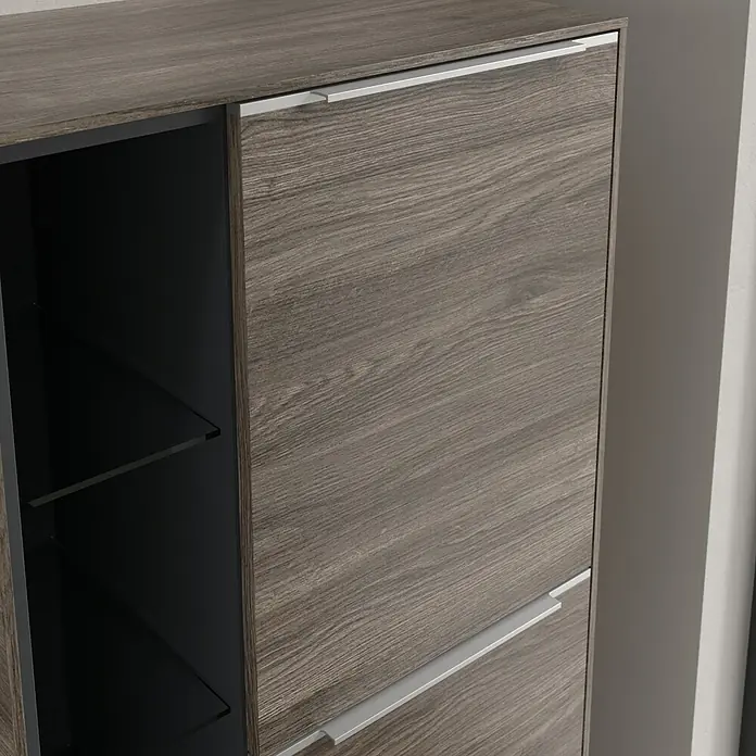 Villeroy & Boch Subway 3.0 Seitenschrank - B x T x H: 57,4 x 36,2 x 120 cm, Stone Oak, DIN Anschlag: Rechts, Farbe Griff: Aluminium glänzend - Elegantes Holzschuhregal mit zwei Fächern und schlichten Griffen. Ideal für eine stilvolle Aufbewahrung von Schuhen im Flur.