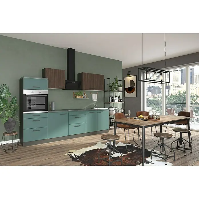 Optifit Verona405 Küchenzeile Typ 2 - Breite: 270 cm, Steingrün/Rillendekor Nussbaum, Mit Elektrogeräten - Moderne Küche mit grünen Schränken, Holzakzenten und Esstisch. Elegante Einrichtung für ein stilvolles Zuhause.