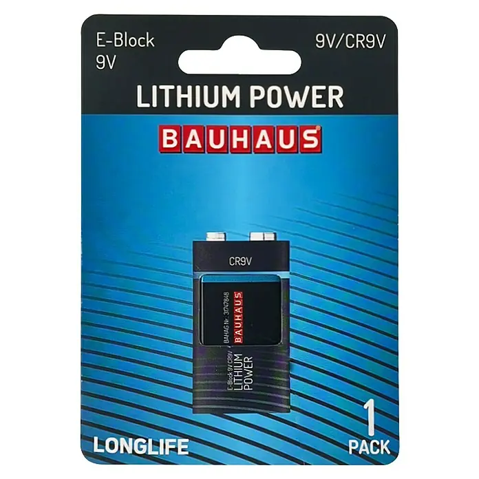 BAUHAUS Batterie Lithium Power CR9V - 9 V, Lithium-Eisensulfid - Eine einzelne 9V/CR9V Lithium Power E-Block Batterie von Bauhaus, ideal für Geräte mit hohem Energiebedarf und langer Lebensdauer.