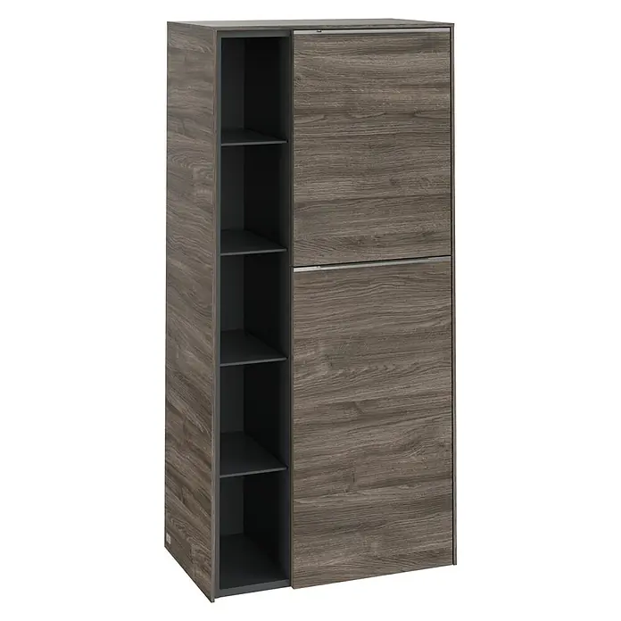 Villeroy & Boch Subway 3.0 Seitenschrank - B x T x H: 57,4 x 36,2 x 120 cm, Stone Oak, DIN Anschlag: Rechts, Farbe Griff: Aluminium glänzend - Ein moderner Schuhschrank mit Holzstruktur und Schiebetüren für eine stilvolle Aufbewahrung von Schuhen.