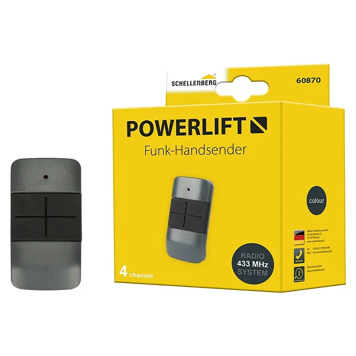 Schellenberg Funkhandsender Powerlift - Anzahl Kanäle: 4 Stk., Passend für: Schellenberg Garagentor- und Drehtorantriebe - Abbildung des Schellenberg Powerlift Funk-Handsenders mit zugehöriger Verpackung.