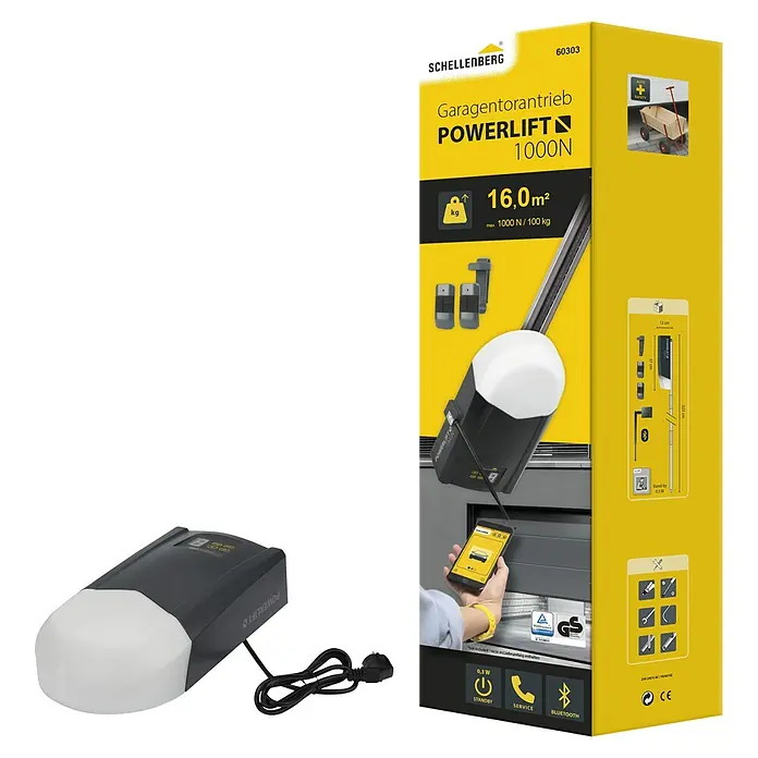 Schellenberg Garagentorantrieb Powerlift 1000N - Torfläche: 16 m², Zugkraft: 1.000 N - Das Bild zeigt einen Garagentorantrieb Powerlift 1000N von Schellenberg samt Produktverpackung.