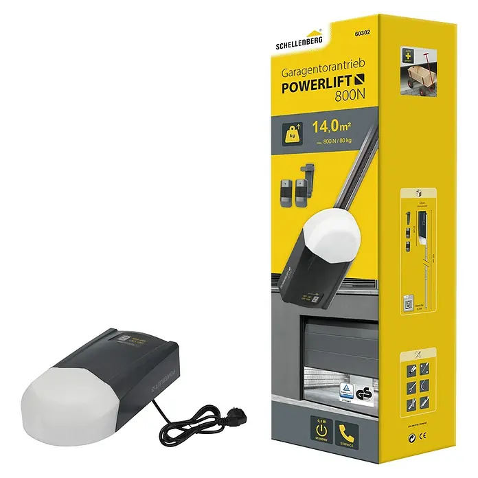 Schellenberg Garagentorantrieb Powerlift 800N - Torfläche: 14 m², Zugkraft: 800 N - Produktbild eines Schellenberg Garagentorantriebs POWERLIFT 800N, ideal für Garagentore bis 14,0m², inklusive Zubehör und detaillierter Produktverpackung.