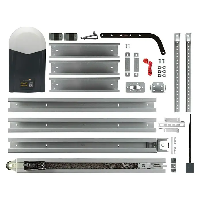 Schellenberg Garagentorantrieb Powerlift 1000N - Torfläche: 16 m², Zugkraft: 1.000 N - Detailaufnahme eines Garagentorantrieb-Kits mit Motor, Schienen und Montagezubehör für die einfache Installation.