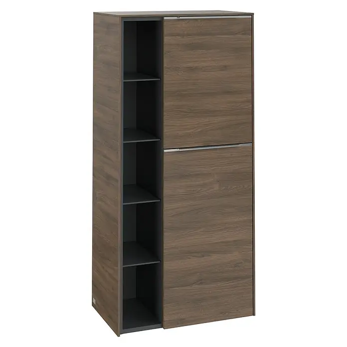Villeroy & Boch Subway 3.0 Seitenschrank - B x T x H: 57,4 x 36,2 x 120 cm, Arizona Oak, DIN Anschlag: Rechts, Farbe Griff: Aluminium glänzend - Holzfarbiger Schuhschrank mit offenen Regalen und Schiebetüren. Der Schuhschrank bietet Stauraum und ist platzsparend.