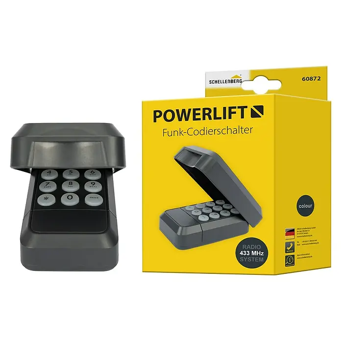 Schellenberg Funk-Codetaster Powerlift - Anzahl Kanäle: 4 Stk., Passend für: Schellenberg Garagentor- und Drehtorantriebe - Das Bild zeigt einen Schellenberg Powerlift Funk-Codierschalter und dessen Verpackung. Der Schalter ist grau und hat eine Tastatur mit Ziffern.