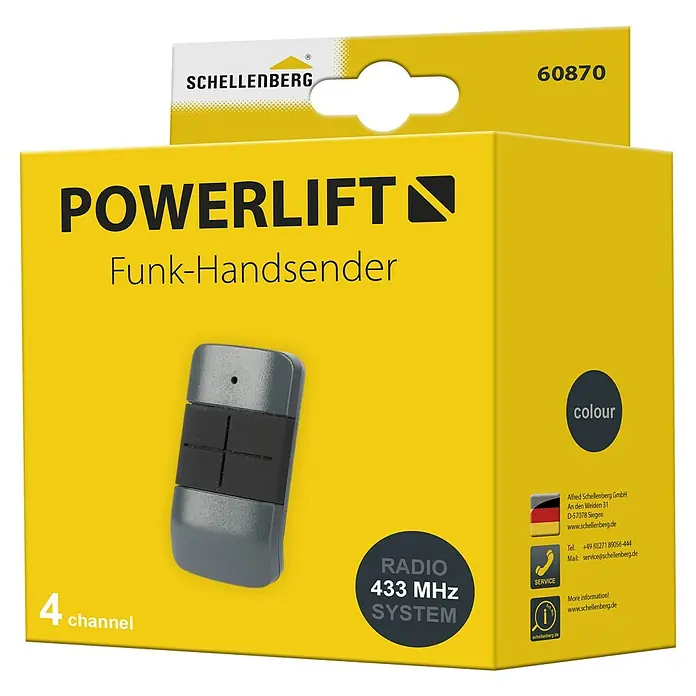 Schellenberg Funkhandsender Powerlift - Anzahl Kanäle: 4 Stk., Passend für: Schellenberg Garagentor- und Drehtorantriebe - Produktverpackung für Schellenberg Powerlift Funk-Handsender. Das Gerät ist für 4 Kanäle geeignet und arbeitet mit 433 MHz Funksystem.