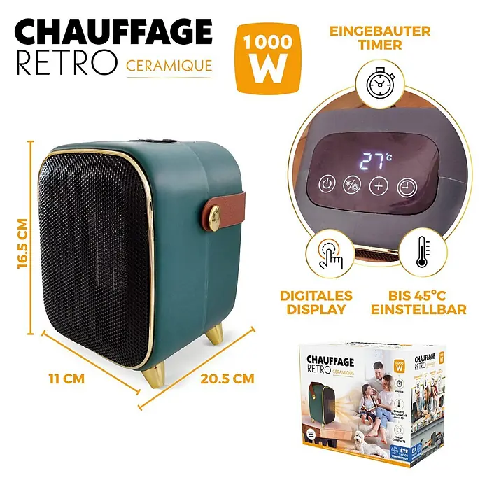 Keramik-Heizlüfter Retro Heater - 1.000 W, Grün - Das Bild zeigt einen Retro-Keramikheizer mit digitalem Display, Timer und einstellbarer Temperatur bis 45°C.