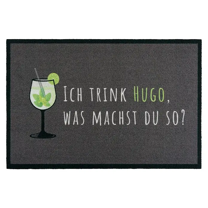 Fußmatte Hugo - Motiv: Ich trink Hugo, was machst du so?, L x B: 40 x 60 cm, Dunkelgrau - Fußmatte mit dem Aufdruck "Ich trink Hugo, was machst du so?" und einer Cocktail-Illustration, ideal für den Eingangsbereich.