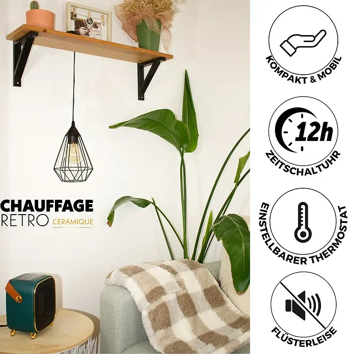 Keramik-Heizlüfter Retro Heater - 1.000 W, Grün - Produktabbildung eines Retro-Keramik-Heizlüfters mit Funktionssymbolen für Kompaktheit, Timer, Thermostat und Flüsterbetrieb.