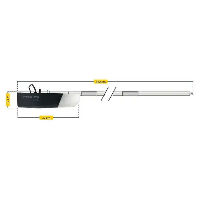 Schellenberg Garagentorantrieb Powerlift 800N - Torfläche: 14 m², Zugkraft: 800 N - Ein Powerlift 800N Garagentoröffner mit einer Länge von 322 cm, einer Höhe von 12 cm und einer Tiefe von 37 cm.
