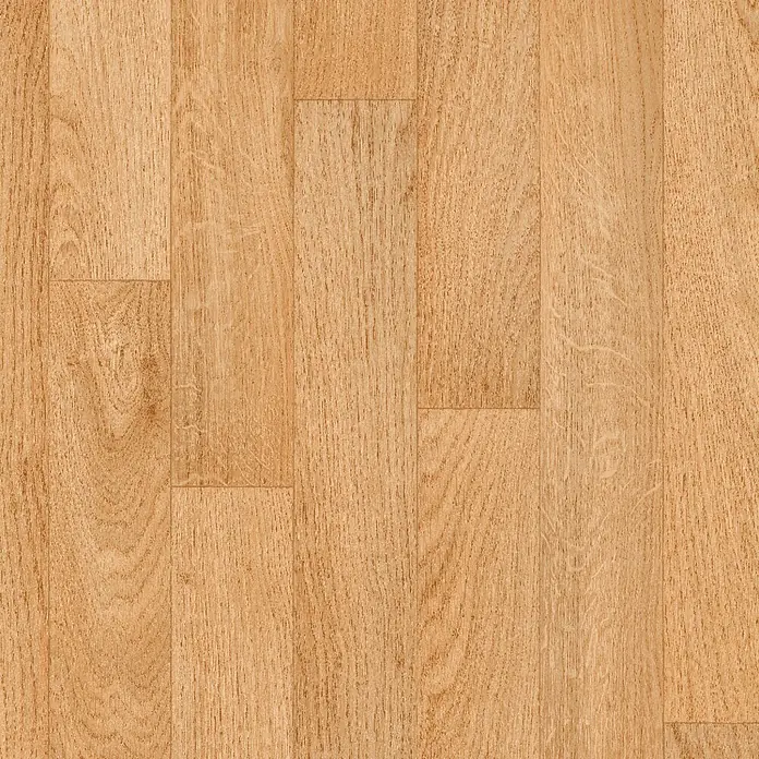 Tarkett Suelo de PVC a metros al corte Robur Yellow - Ancho: 2 m, Marrón/Roble oscuro - Primer plano de un suelo de parqué de roble claro que muestra la veta natural de la madera y los tonos cálidos.\n