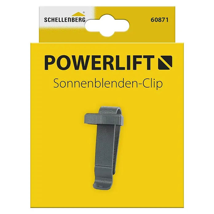 Schellenberg Sonnenblendenclip Powerlift - Passend für: Schellenberg Powerlift Funkhandsender - Produktverpackung für einen Schellenberg Sonnenblenden-Clip Powerlift, Modell 60871, ideal zur Befestigung der Sonnenblende.