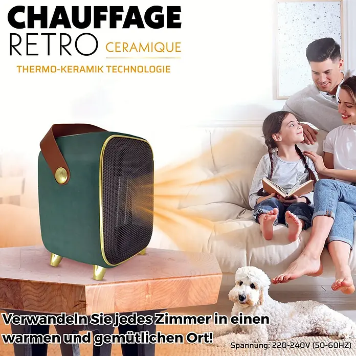 Keramik-Heizlüfter Retro Heater - 1.000 W, Grün - Das Bild zeigt eine Retro-Keramik-Heizung, die auf einem Tisch steht, während eine Familie im Hintergrund entspannt.