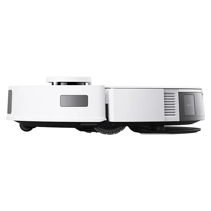Ecovacs Saugwischroboter-Set Deebot N20 Plus White - Saugkraft: 8.000 Pa, Akkulaufzeit: 170 min - 300 min, Fassungsvermögen: 400 ml - Seitenansicht eines weißen Staubsaugerroboters mit einem schwarzen Sensor und einem grauen Staubbehälter mit der Aufschrift „Dust Outlet“.