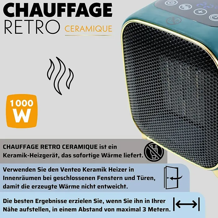 Keramik-Heizlüfter Retro Heater - 1.000 W, Grün - Abbildung eines Venteo Retro Keramik Heizgeräts mit 1000W, das sofortige Wärme liefert und für Innenräume geeignet ist.