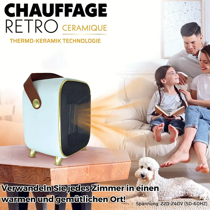 Keramik-Heizlüfter Retro Heater - 1.000 W, Weiß - Bild eines Retro-Keramikheizlüfters, der auf einem Tisch steht und Wärme ausstrahlt, während eine Familie im Hintergrund sitzt.