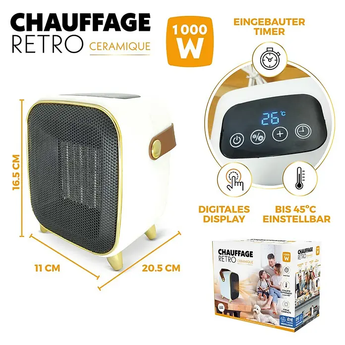 Keramik-Heizlüfter Retro Heater - 1.000 W, Weiß - Abbildung eines Retro-Keramikheizlüfters mit digitalem Display und Timer. 1000 W Leistung, bis 45°C einstellbar.