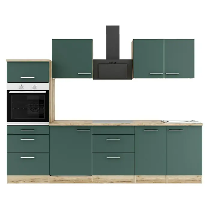 Optifit Savona405 Küchenzeile Typ 2 - Breite: 270 cm, Steingrün, Mit Elektrogeräten - Bild einer dunkelgrünen Küchenzeile mit Holzrahmen, bestehend aus Ober- und Unterschränken, einem Ofen und einer Dunstabzugshaube.
