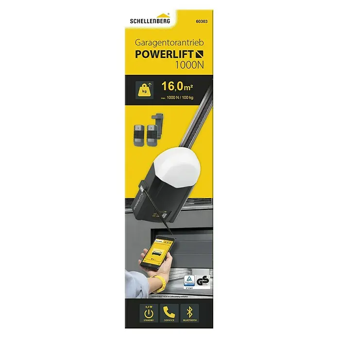 Schellenberg Garagentorantrieb Powerlift 1000N - Torfläche: 16 m², Zugkraft: 1.000 N - Produktverpackung für Schellenberg Garagentorantrieb Powerlift 1000N, der bis zu 16,0m² Garagentore mit Bluetooth und App-Steuerung bedienen kann.