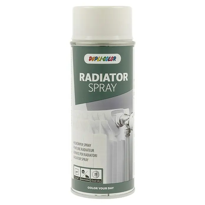 Dupli-Color Special Heizkörper-Sprühlack Radiator Spray RAL 9010 - Reinweiß, Glänzend, 400 ml - Abbildung einer Sprühdose Dupli-Color Radiator Spray, ideal zum Lackieren von Heizkörpern für den Innen- und Außenbereich, schnell trocknend.