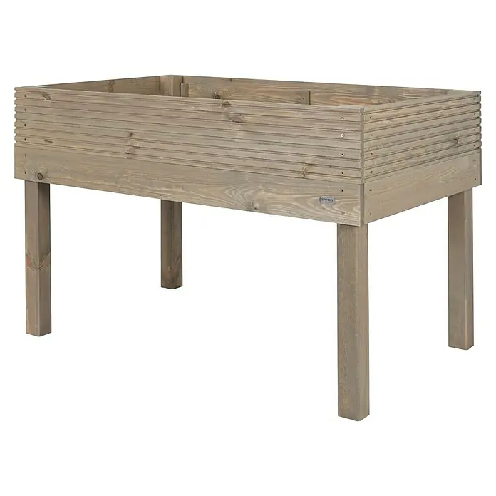 Siena Garden Hochbeet Maxi - 119 x 75 x 79 cm, Holz, Grau - Das Bild zeigt einen hölzernen Pflanztisch von Siena Garden. Das Hochbeet ist aus hellem Holz gefertigt und steht auf vier Beinen.