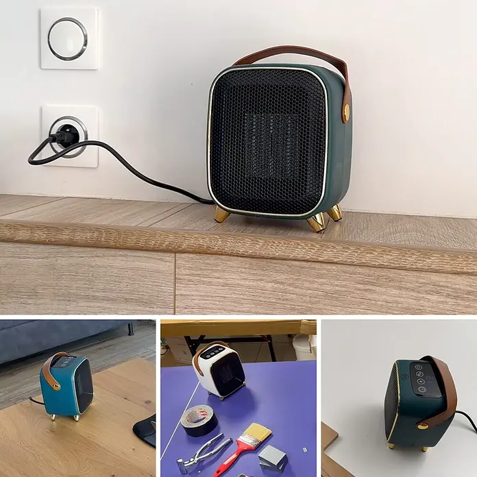 Keramik-Heizlüfter Retro Heater - 1.000 W, Grün - Das Bild zeigt eine Nahaufnahme einer tragbaren, stilvollen Retro-Heizung mit goldenen Akzenten und einem Tragegriff.