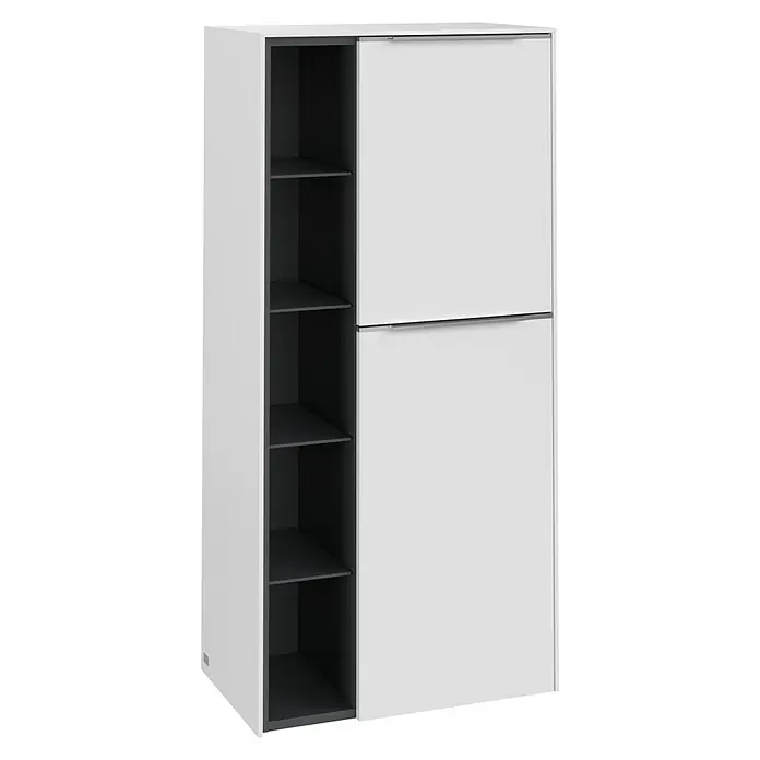 Villeroy & Boch Subway 3.0 Seitenschrank - B x T x H: 57,4 x 36,2 x 120 cm, Pure White, DIN Anschlag: Rechts, Farbe Griff: Aluminium glänzend - Attraktives Schuhschrankdesign in Weiß mit anthrazitfarbenen Regalen zur stilvollen Schuhaufbewahrung, ideal für den Flur.