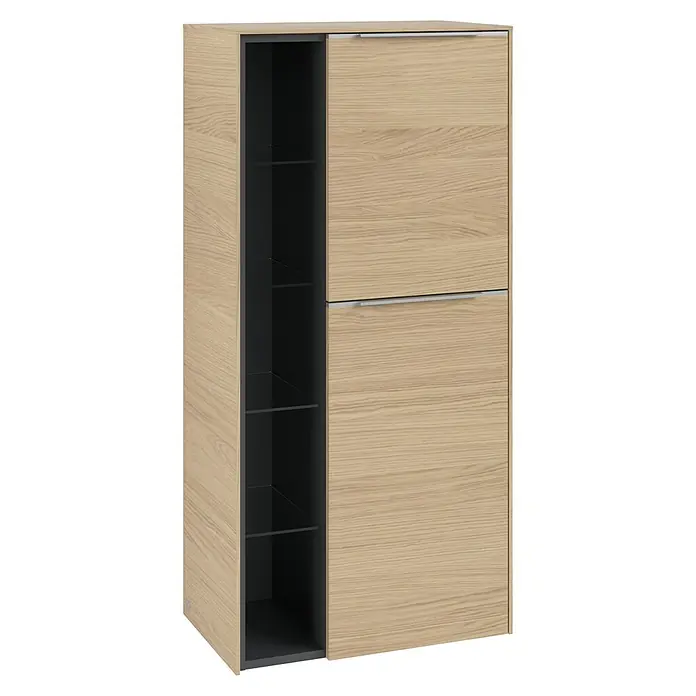 Villeroy & Boch Subway 3.0 Seitenschrank - B x T x H: 57,4 x 36,2 x 120 cm, Nordik Oak, DIN Anschlag: Rechts, Farbe Griff: Aluminium glänzend - Moderner Schuhschrank in Holzoptik mit offenen Regalen und zwei Schubladen mit Griffen. Praktische Aufbewahrungslösung für den Flur.