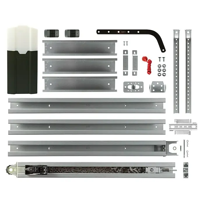 Schellenberg Garagentorantrieb Powerlift 550N - Torfläche: 8 m², Zugkraft: 550 N - Produktansicht eines Garagentoröffner-Kits mit verschiedenen Komponenten wie Motor, Schienen und Zubehör für die Installation.