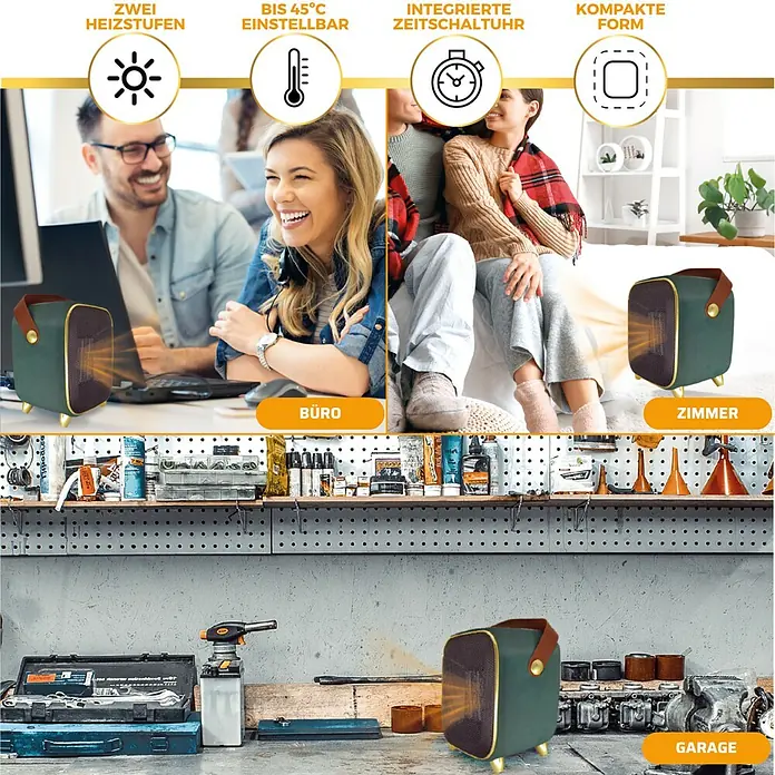 Keramik-Heizlüfter Retro Heater - 1.000 W, Grün - Heizlüfter für Büro, Zimmer und Garage mit zwei Heizstufen, bis 45°C einstellbar, integrierter Zeitschaltuhr und kompakter Form.