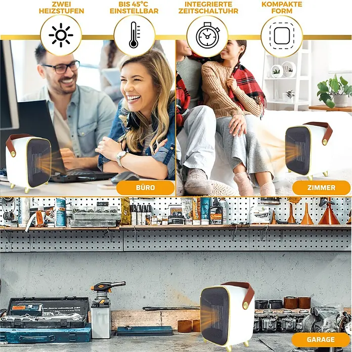 Keramik-Heizlüfter Retro Heater - 1.000 W, Weiß - Produktbild des tragbaren Heizlüfters mit verschiedenen Anwendungsmöglichkeiten.
