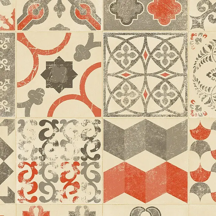 Tarkett Suelo de PVC a metros Exclusive Almería Red - Otros, Ancho: 2 m - Azulejos decorativos con patrones geométricos y florales en rojo, gris y beige, ideales para el diseño de paredes y pisos con un toque vintage.