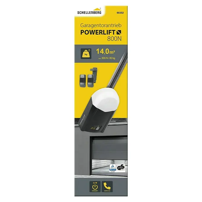 Schellenberg Garagentorantrieb Powerlift 800N - Torfläche: 14 m², Zugkraft: 800 N - Bild eines Garagentorantriebs POWERLIFT 800N von Schellenberg, der für Tore bis 14,0 m² geeignet ist, mit Zubehör und technischen Daten.