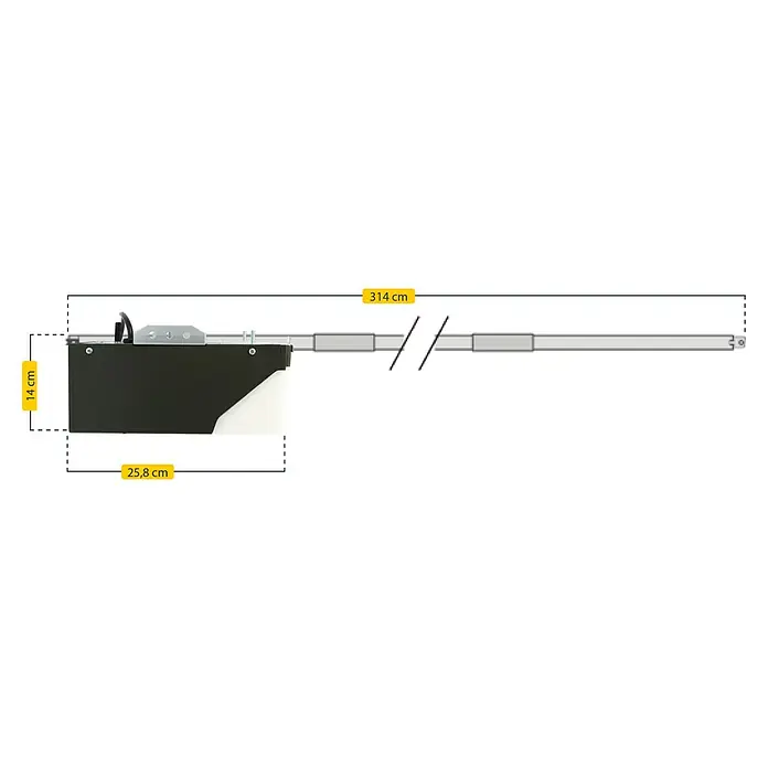 Schellenberg Garagentorantrieb Powerlift 550N - Torfläche: 8 m², Zugkraft: 550 N - Produktabbildung mit Maßangaben: Höhe 14 cm, Breite 25,8 cm und Gesamtlänge 314 cm. Ideal zur Größenabschätzung des Produkts.
