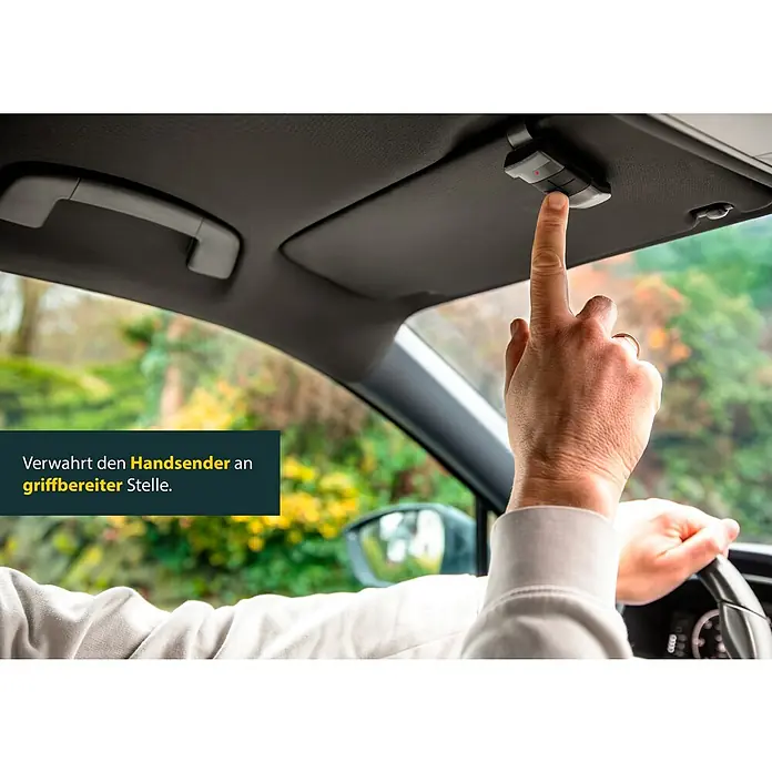 Schellenberg Sonnenblendenclip Powerlift - Passend für: Schellenberg Powerlift Funkhandsender - Ein Garagentoröffner ist an der Sonnenblende des Autos befestigt, um einen einfachen Zugang zu gewährleisten.