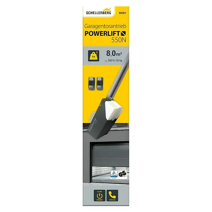 Schellenberg Garagentorantrieb Powerlift 550N - Torfläche: 8 m², Zugkraft: 550 N - Produktbild des Schellenberg Garagentorantrieb Powerlift 550N, ein zuverlässiger Antrieb für Garagentore bis 8,0 m² und 550 N Zugkraft.