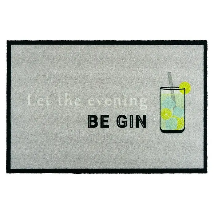 Fußmatte Be Gin - Motiv: Let the evening Be Gin, L x B: 40 x 60 cm, Grau - Graue Fußmatte mit dem Aufdruck "Let the evening BE GIN" und einer Cocktail-Abbildung für einen stilvollen Eingangsbereich.