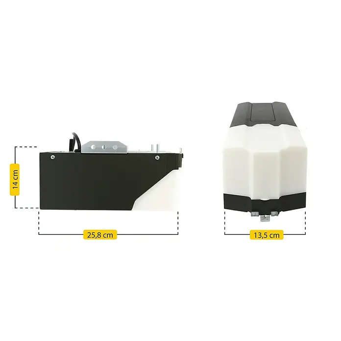 Schellenberg Garagentorantrieb Powerlift 550N - Torfläche: 8 m², Zugkraft: 550 N - Produktabbildung mit Abmessungen. Die Abmessungen des Produkts betragen 14 cm Höhe, 25,8 cm Länge und 13,5 cm Breite.