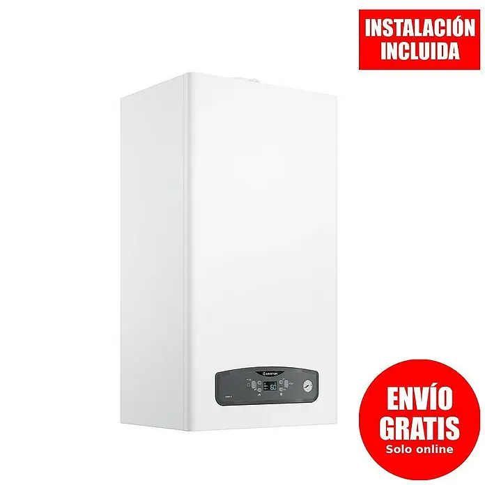 Ariston Caldera de gas Cares S 24 con instalación incluida - 20 W, Display LC - Imagen de una caldera Ariston. El producto viene en color blanco y tiene una interfaz de usuario digital, que permite la facilidad de uso.