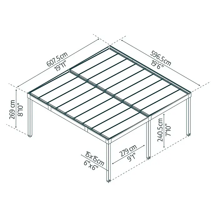 Palram – Canopia Carport Oslo - Außenmaß inkl. Dachüberstand (B x T): 5,96 x 6,07 m, Schwarz - Eine perspektivische Zeichnung eines Pavillons mit Maßangaben in Zentimetern und Zoll.