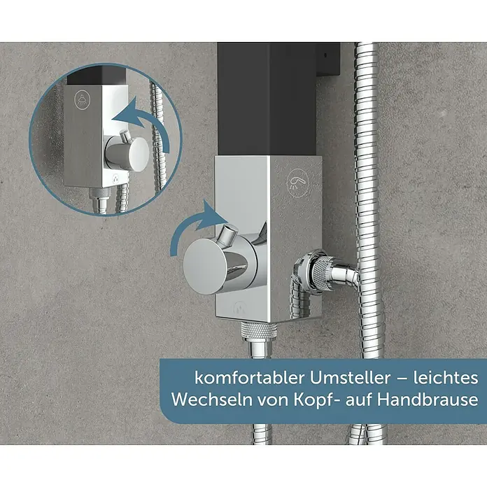 Schütte Duschpaneel Cityline - Höhe: 123 cm, Schwarz - Produktdetailaufnahme einer Duscharmatur mit Umsteller für Kopf- und Handbrause, hervorstechendes Design mit präzisen Chromdetails.