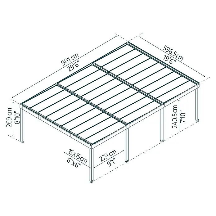 Palram – Canopia Carport Oslo - Außenmaß inkl. Dachüberstand (B x T): 5,96 x 9,01 m, Schwarz - Eine perspektivische Zeichnung eines Gartenpavillons mit Maßangaben, die die Größe und Abmessungen des Pavillons zeigen.