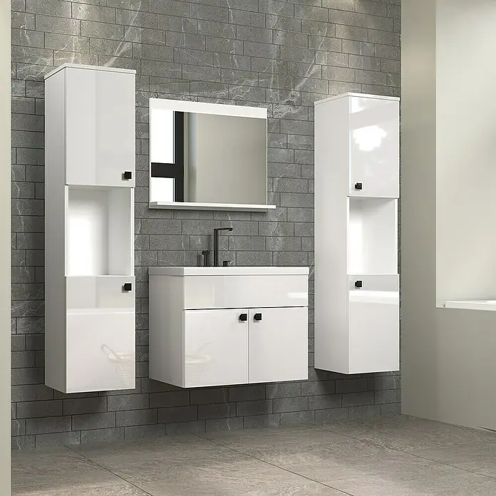 Trendteam Badmöbel-Set Haven - Gesamtbreite Badmöbel: 163 cm, Weiß, Glänzend, 5 -tlg. - Elegantes Badezimmer-Set in Weiß mit Waschtischunterschrank, Spiegel und Hochschränken, die für ein modernes Ambiente sorgen.