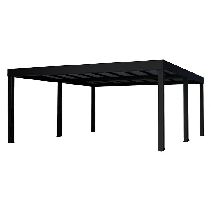 Palram – Canopia Carport Oslo - Außenmaß inkl. Dachüberstand (B x T): 5,96 x 6,07 m, Schwarz - Diese Aufnahme zeigt eine Pergola mit einem modernen Design. Die Pergola hat ein schlichtes, minimalistisches Aussehen und ist aus Metall gefertigt.