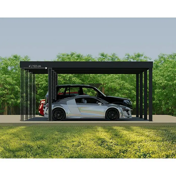 Palram – Canopia Carport Oslo - Außenmaß inkl. Dachüberstand (B x T): 5,96 x 6,07 m, Schwarz - Moderne Doppel-Carport-Konstruktion aus schwarzem Stahl, geeignet für zwei Autos, mit Höhenangabe 4'/122 cm.