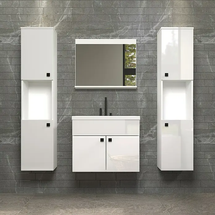 Trendteam Badmöbel-Set Haven - Gesamtbreite Badmöbel: 163 cm, Weiß, Glänzend, 5 -tlg. - Das moderne Badezimmer-Set in Weiß mit Waschbeckenunterschrank, Spiegelschrank und zwei Hochschränken bietet viel Stauraum.