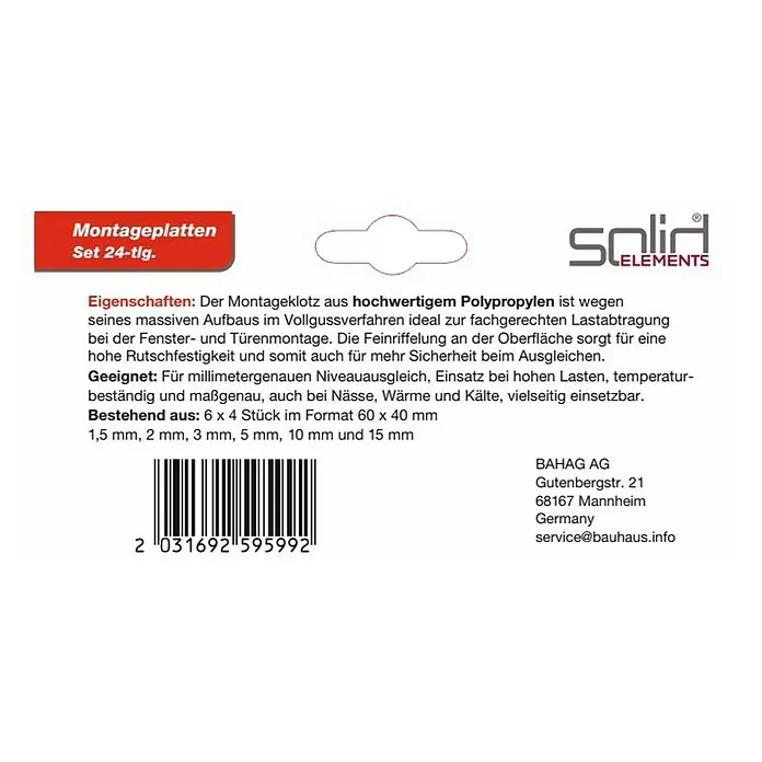 Solid Elements Montage-Set - 24 Stk., Passend für: Fenster- und Türenmontage - Bild einer Verpackung von Montageplatten (Set 24-tlg.) der Marke Solid Elements, ideal zum fachgerechten Lastabtrag bei Fenster- und Türenmontage.