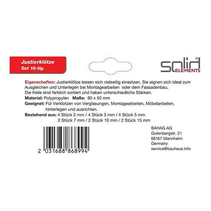Solid Elements Justierklötze - 18 Stk., Passend für: Fenster- und Türenmontage - Bild einer Produktverpackung für Justierklötze (Set mit 18 Stück) von Solid Elements, die sich vielseitig einsetzen lassen.